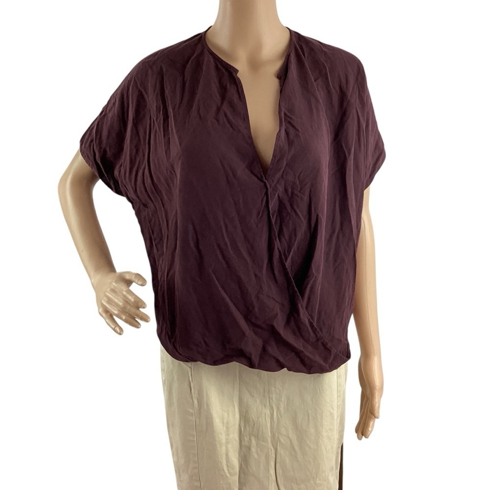 Vince Deep Plum Silk Jacquard Wrap Blouse Top Size M
